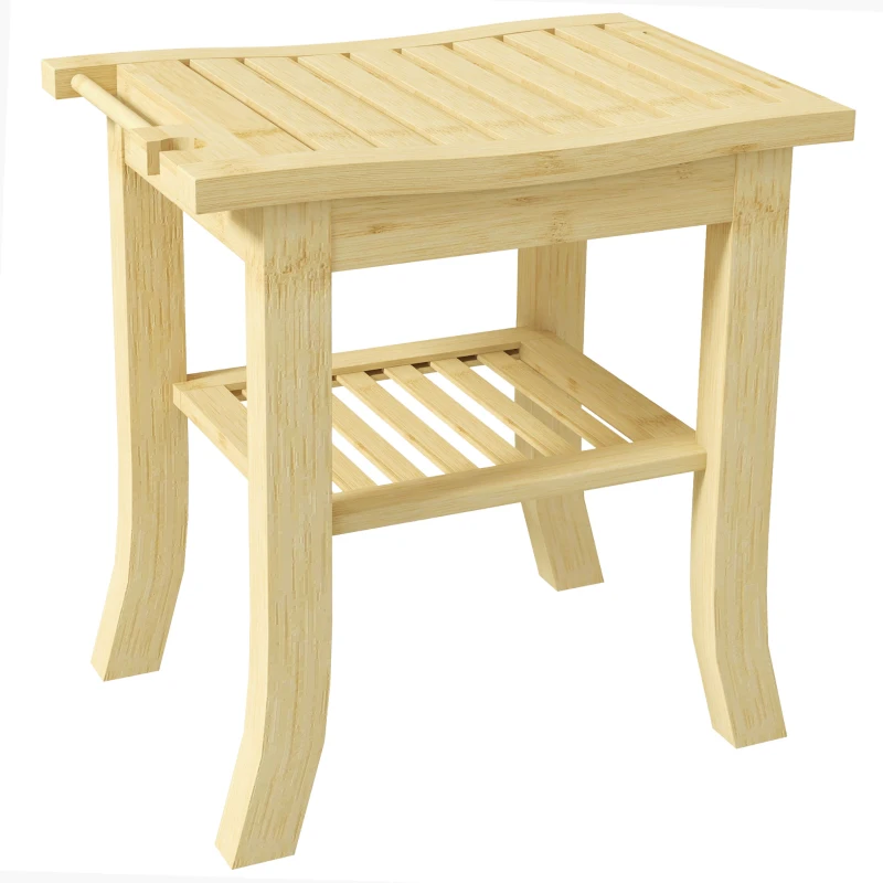 HOMCOM Taburete de ducha en bambú con estante de almacenamiento y portatoallas, 42×29×43 cm, natural