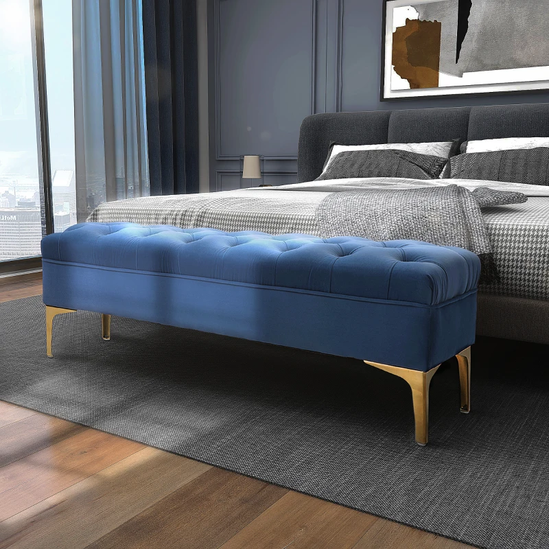 HOMCOM Banco banqueta capitoné pie de cama estilo clásico chic 118x45x42 cm patas de metal dorado terciopelo azul