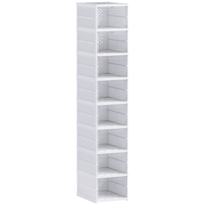 HOMCOM Lote de 8 cajas de zapatos plegables en plástico apilables con tapas, para tallas hasta 43, blanco