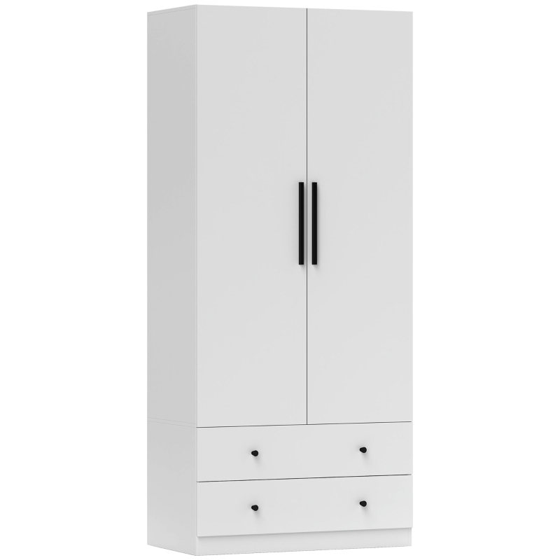 HOMCOM Armario de Dormitorio, 2 Puertas, Área de Colgar, Barra de Colgar, 2 Cajones, Tablero de Partículas, Blanco