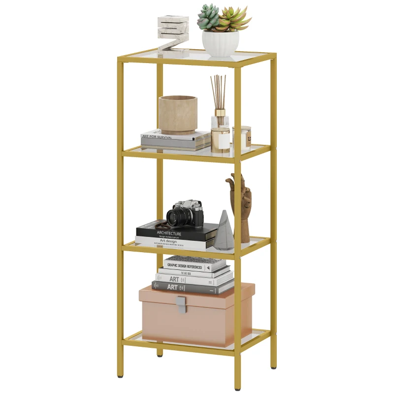 HOMCOM Regal mit 4 Ebenen Minimalistisch aus Metall und gehärtetem Glas, 40x30x96.5 cm, Farbe Gold