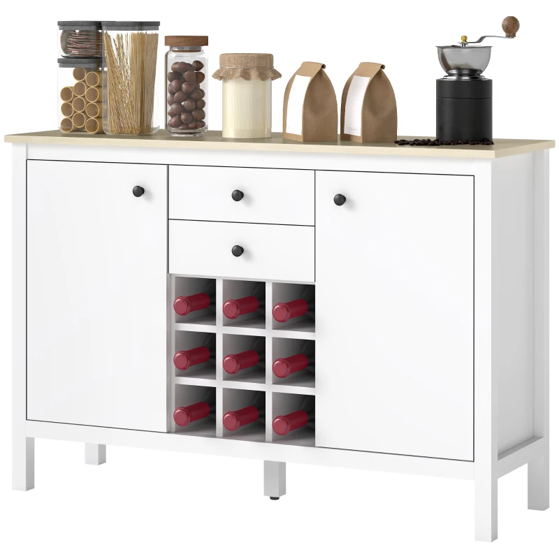 HOMCOM Bufé mueble de almacenamiento con 2 cajones, 2 puertas estantes ajustables y porta botellas para 9 botellas, Blanco