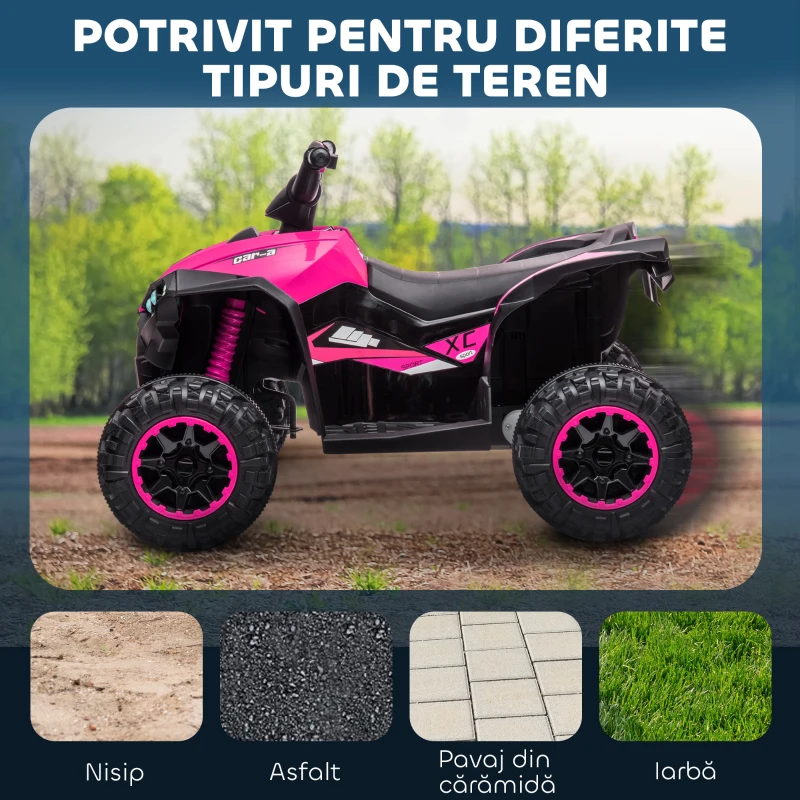 HOMCOM ATV Electric pentru Copii cu Motor Dublu și 2 Viteze, Roți, Faruri LED, Claxon și Muzică, 83x53x55.5 cm, Roz(m-5)