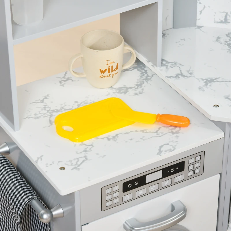 AIYAPLAY Cocina infantil de madera con 17 accesorios vegetales de plástico botones y luces gorro 3-6 años Gris Blanco