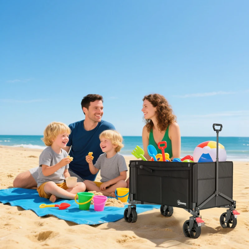 Outsunny Carrito de jardín plegable 150 L, carrito de transporte de playa mango ajustable bolsillos laterales 85x50x90 cm Negro