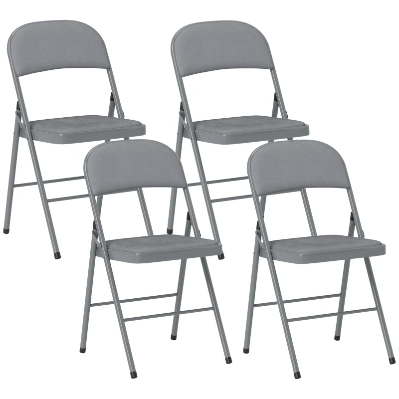 HOMCOM Lote de 4 sillas plegables y portátiles interior con asientos y respaldos acolchados de terciopelo, estructura de acero, gris claro