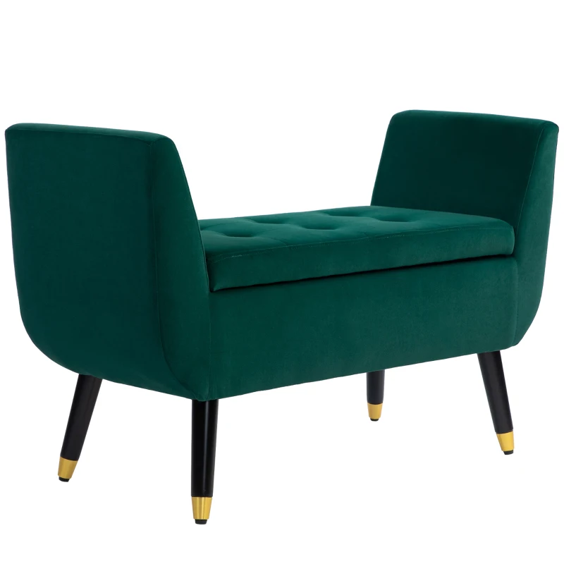 HOMCOM Banco Acolchado con Almacenamiento, Reposabrazos, Tela de Terciopelo, Madera de Goma, 107x42x65 cm, Verde