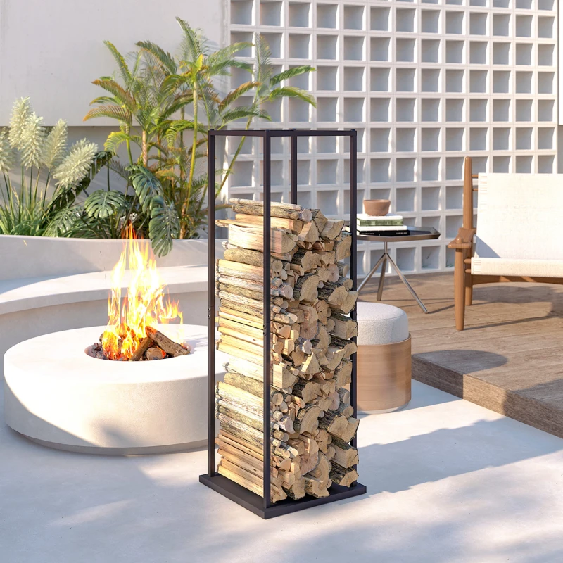 Outsunny Portalegna Metallico con Base Rialzata, Carico Massimo 100 kg 33x33x110 cm Nero