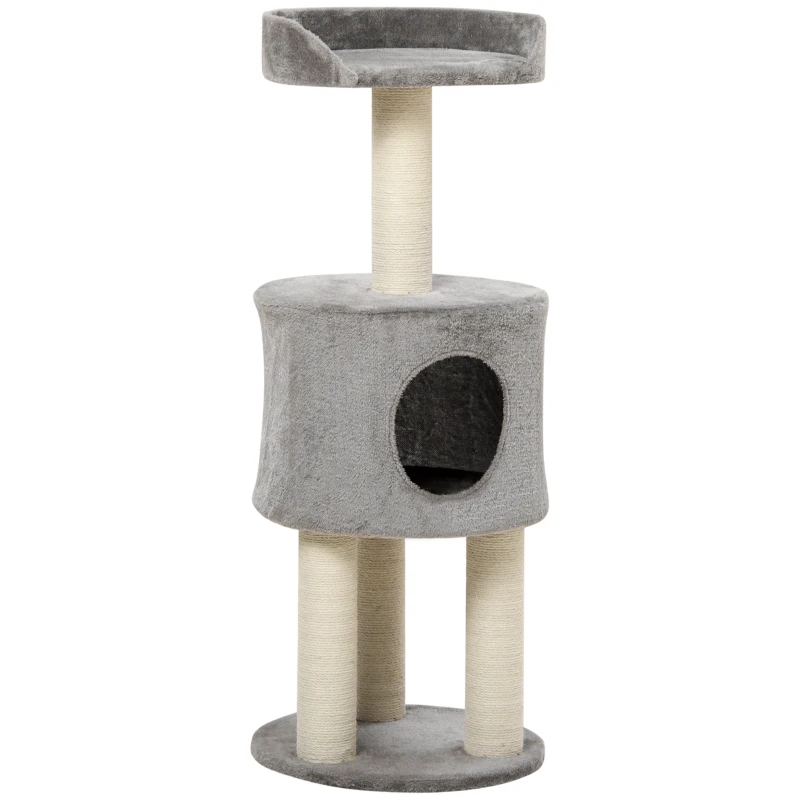 PawHut Árbol rascador para gatos con sisal natural, altura 103 cm, cueva y plataforma de tejido suave en Gris