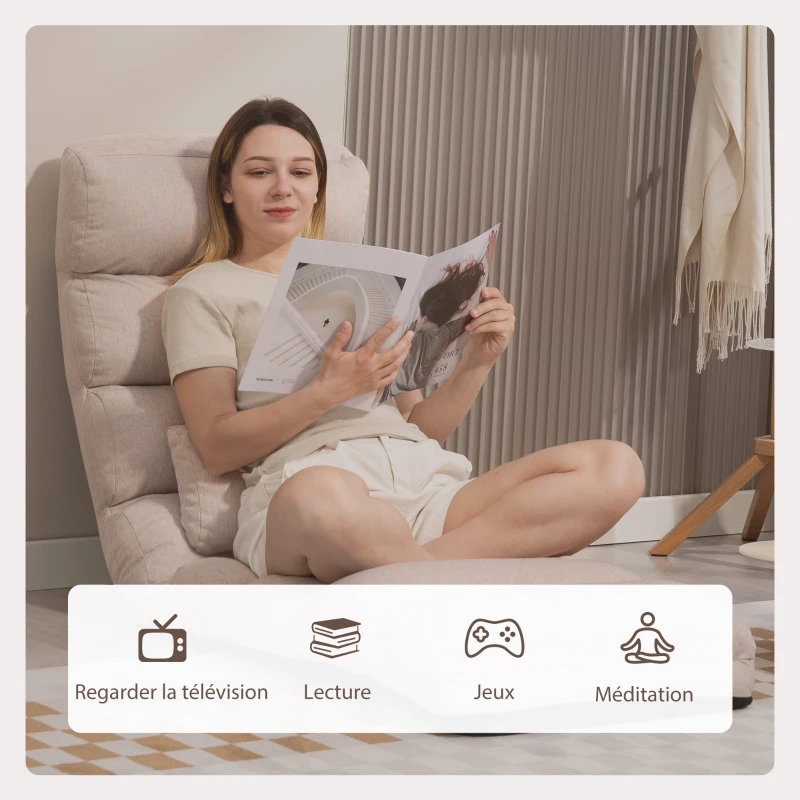 HOMCOM Sillón convertible 1 plaza con respaldo y reposacabezas ajustables en 5 posiciones, 58x119x78cm, beige