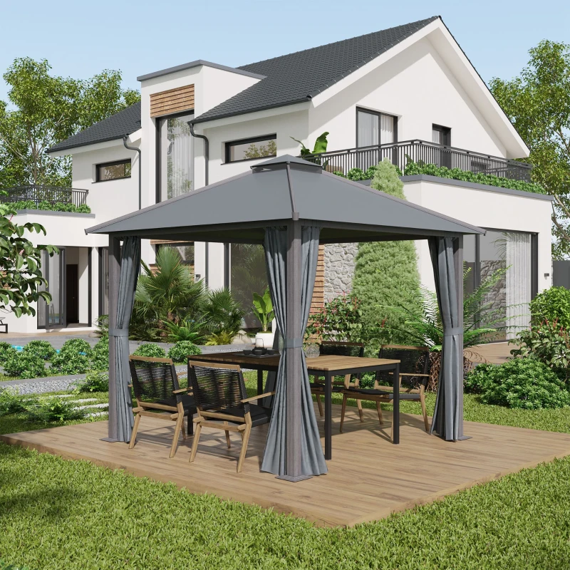 Outsunny Gazebo para jardín con terraza con 4 paredes laterales techo doble protección solar 3x3 m Gris