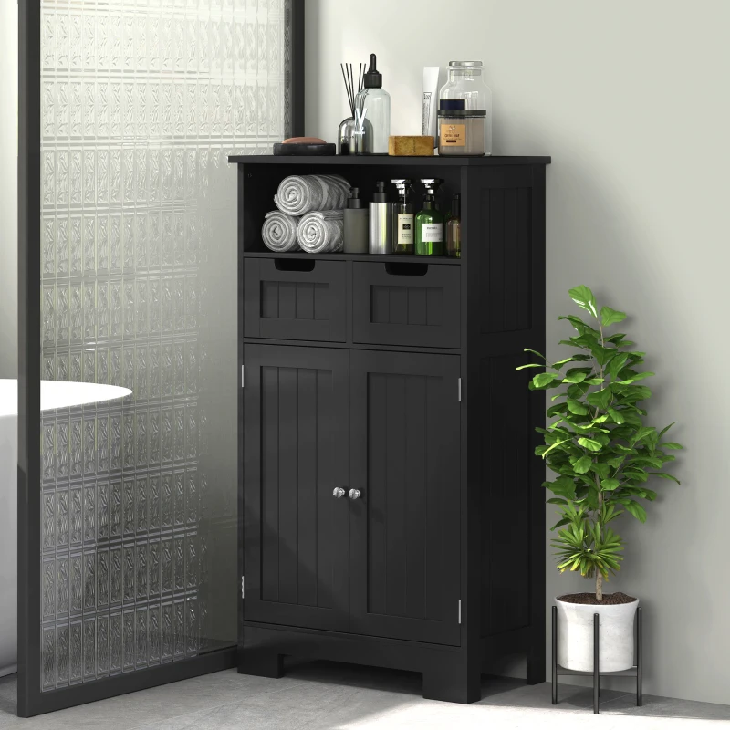 kleankin Mueble Bajo de Baño Multi-almacenamiento Grande Niche 2 cajones Armario Doble Puerta con estante Negro