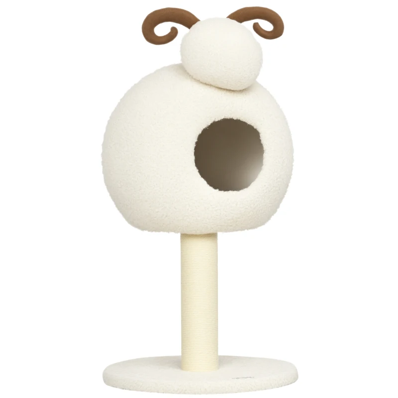 HOMCOM Árbol Rascador para Gatos, Diseño de oveja con cueva y poste rascador, cojín lavable, Blanco Crema + Marrón