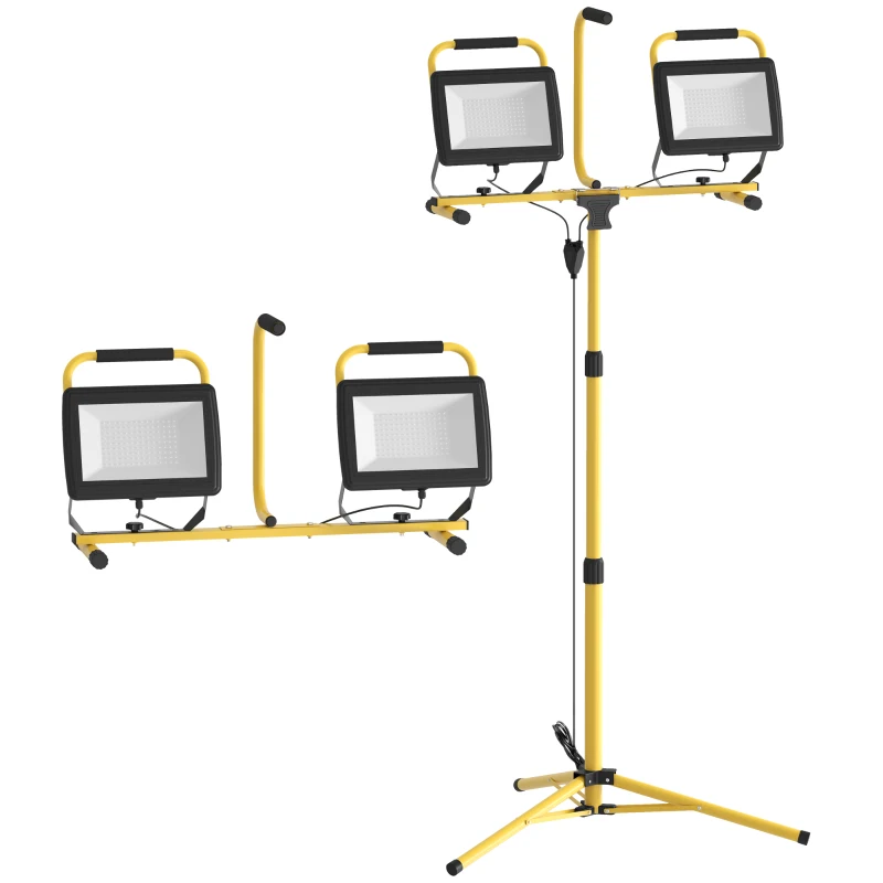 HOMCOM Proyector de obra con trípodes 2x100 W, 17000 LM, doble cabeza giratoria 360° soporte ajustable impermeable IP 65, Amarillo