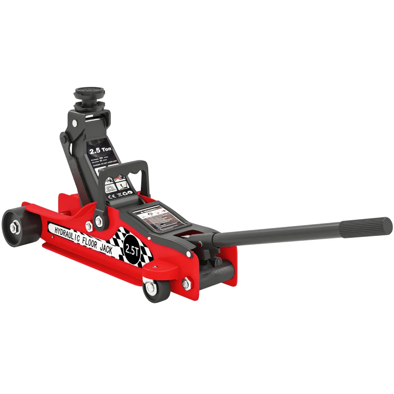 HOMCOM Gato hidráulico, gato de maniobra extra plano carga máxima 2500 kg, rango de elevación 80-360 mm, 53x20,5x17,5 cm, Rojo