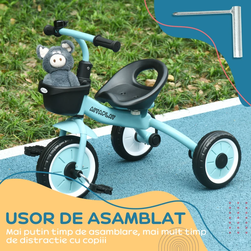 AIYAPLAY Tricicleta pentru Copii 2-5 Ani cu Scaun Reglabil, Bicicleta pentru Copii cu Cosuleț, 70,5x53x58 cm, Albastru