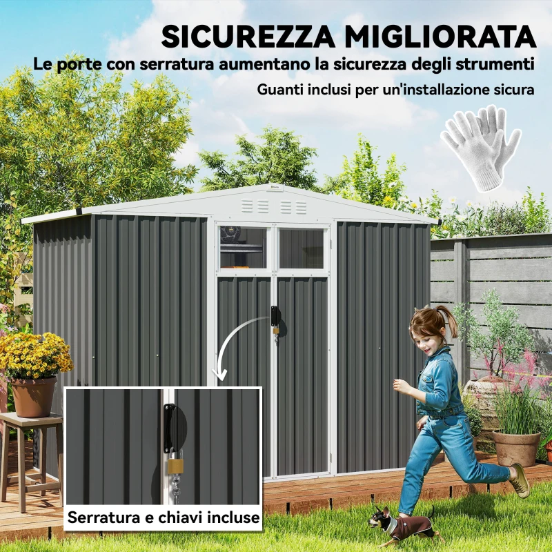 Outsunny Capanno da Giardino Porta Attrezzi in Acciaio Zincato con 2 Porte, 246x117x180 cm, Grigio Scuro