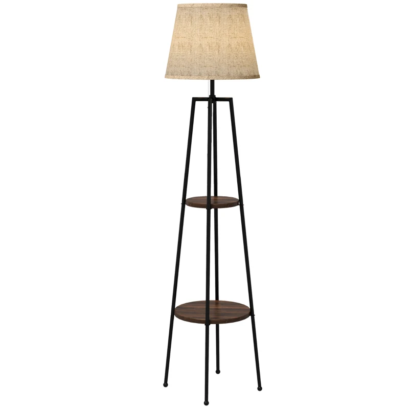 HOMCOM Lampara de Pie 2 estantes de almacenamiento casquillo E27 40 W interruptor de tiro pantalla de tela 42 x 42 x 166 cm negro marrón
