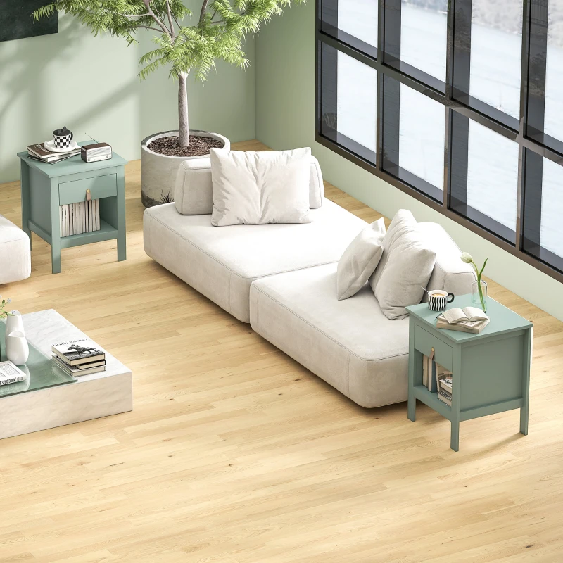 HOMCOM Lote de 2 mesitas de noche con cajón y compartimento abierto, 45x40x55 cm, verde