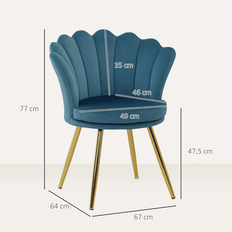 HOMCOM Silla con respaldo en forma de concha, silla para tocador, sillón de terciopelo, silla de salón con patas de metal dorado, azul