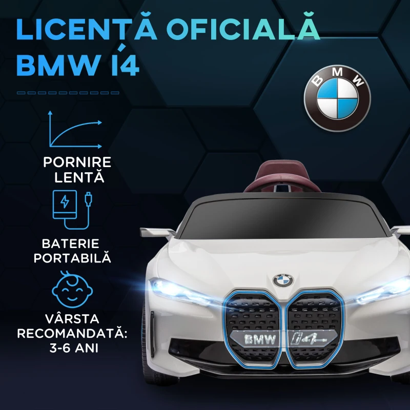 HOMCOM Masinuta Electrica pentru Copii BMW i4 cu Licenta de 12V cu Telecomanda, Masina Alimentata Electric cu Baterii Portabile, Muzica, Claxon, Faruri, Slot MP3, Roti cu Suspensii, pentru Varste intre 3-6 ani - Alb(m-4)