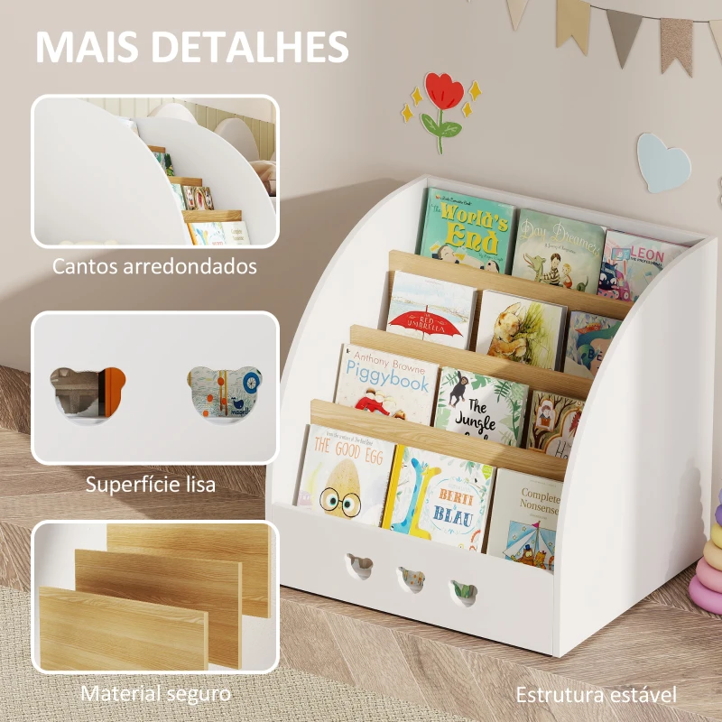 AIYAPLAY Estante Infantil para Brinquedos Organizador de Brinquedos de 4 Níveis com Compartimento Oculto  60x53x60 cm Branco e Madeira