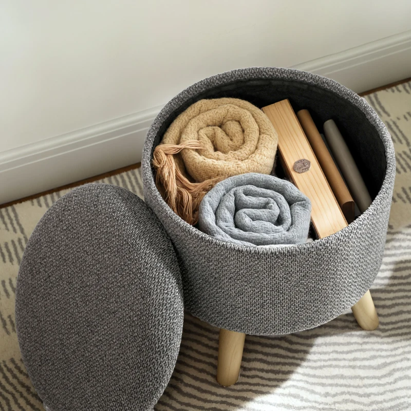 HOMCOM Pouf redondo reposapiés taburete con almacenamiento oculto patas de madera diseño moderno Gris
