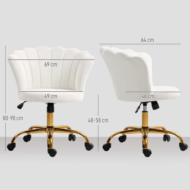 HOMCOM Silla de oficina de terciopelo, silla de tocador con respaldo en pétalo, altura ajustable, 69x64x80-90 cm, blanco