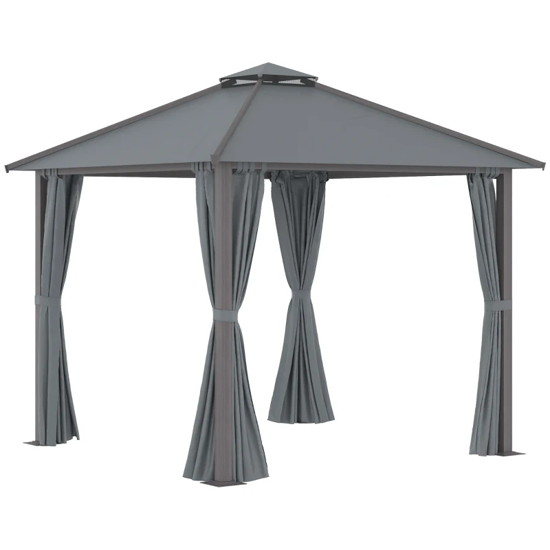 Outsunny Gazebo para jardín con terraza con 4 paredes laterales techo doble protección solar 3x3 m Gris