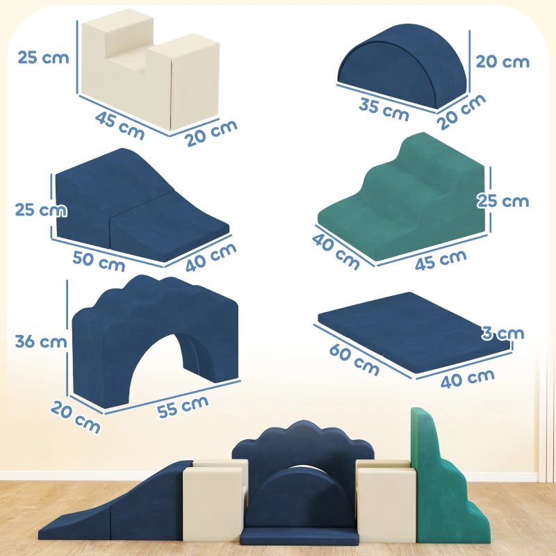 AIYAPLAY Set 7 Blocchi di Costruzioni Morbide per Bambini Fino a 3 Anni, Rivestimento in Velluto, Blu