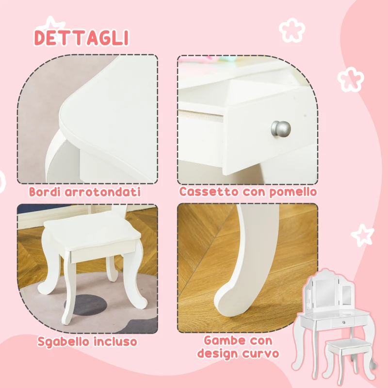 HOMCOM Tavolo da Trucco per Bambini con Sgabello e Triplo Specchio, in Legno e Acrilico, 63x40x85.5 cm, Bianco