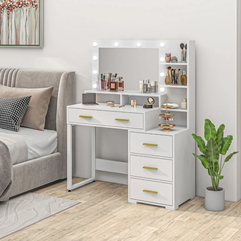 HOMCOM Tocador con espejo y 9 luces LED, 4 cajones y 6 compartimentos abiertos, 100x40x138 cm, Blanco
