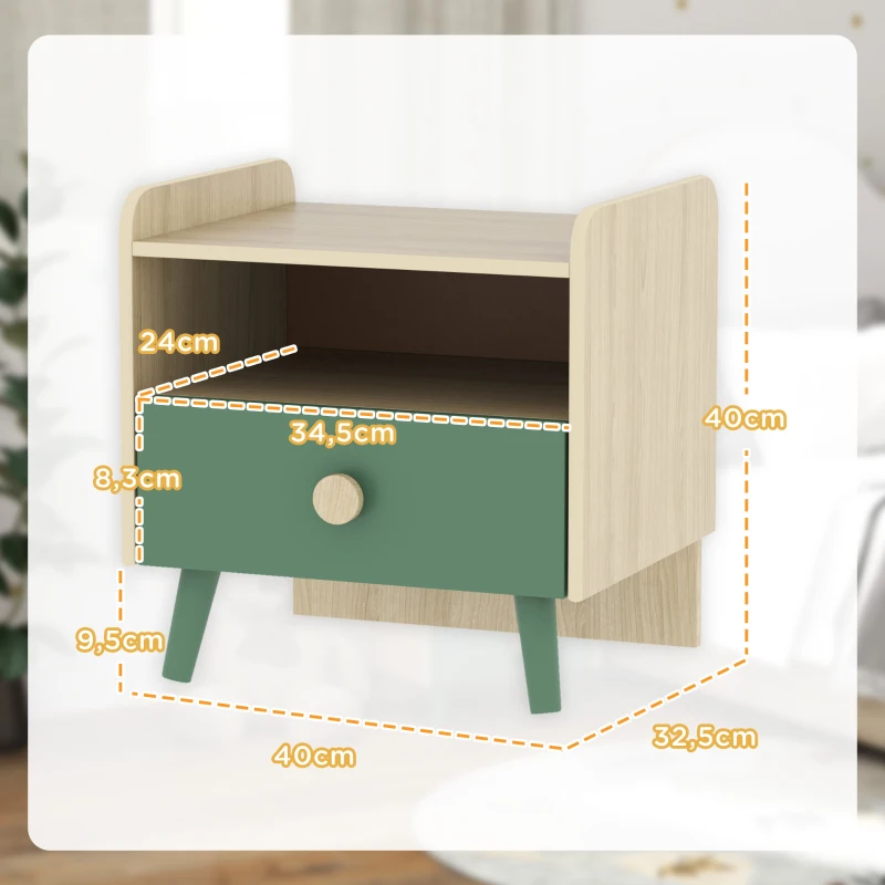 Lot de 2 tables de chevet enfant, tables de nuit enfant avec tiroir et niche, pour chambre d'enfant, 40x32,5x40cm, vert