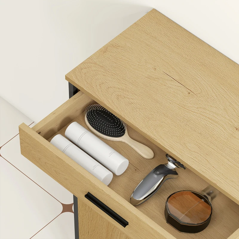 HOMCOM Mueble de baño con cajón, armario de dos puertas, estante ajustable y bisagras de cierre, 60x30x80 cm, Roble