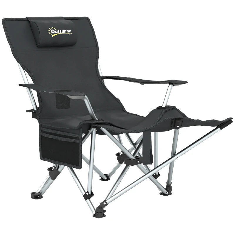 Outsunny Silla de camping plegable sillón de pesca con reposapiés extraíble, apoyacabezas, portavasos, saco de transporte negro