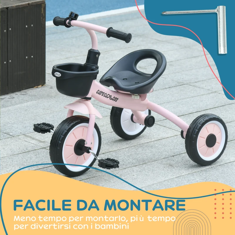 AIYAPLAY Triciclo per Bambini da 2-5 Anni con Seduta Regolabile e Campanello, 70.5x50x58cm, Rosa