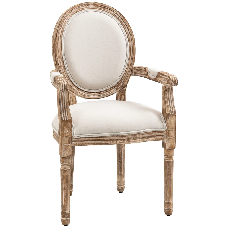 HOMCOM Silla de Comedor Diseño Retro con Apoyabrazos y Acolchado Grueso Silla de Sala de Estar Tapizada en Tela de Lino para Sala de Estar Madera de Goma Blanco crema + color claro de madera 56 x 56 x 96 cm