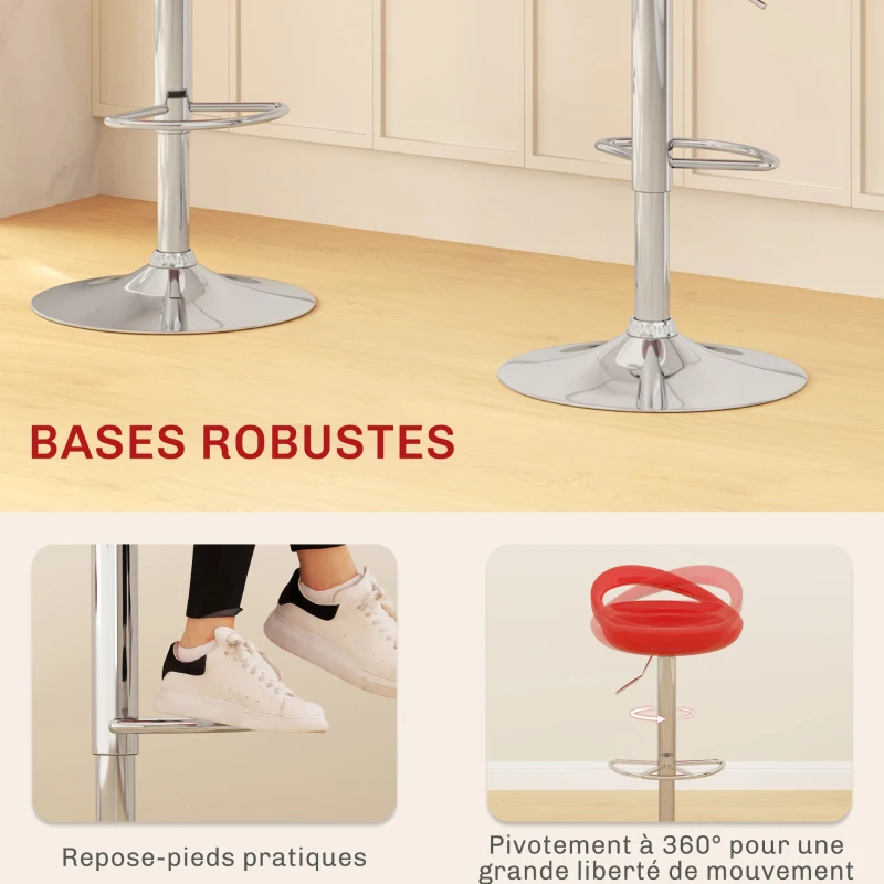 HOMCOM Lot de 2 tabourets de bar chaises de bar hauteur réglable dossier et repose-pieds pivotant à 360° 46x41x76-96cm rouge