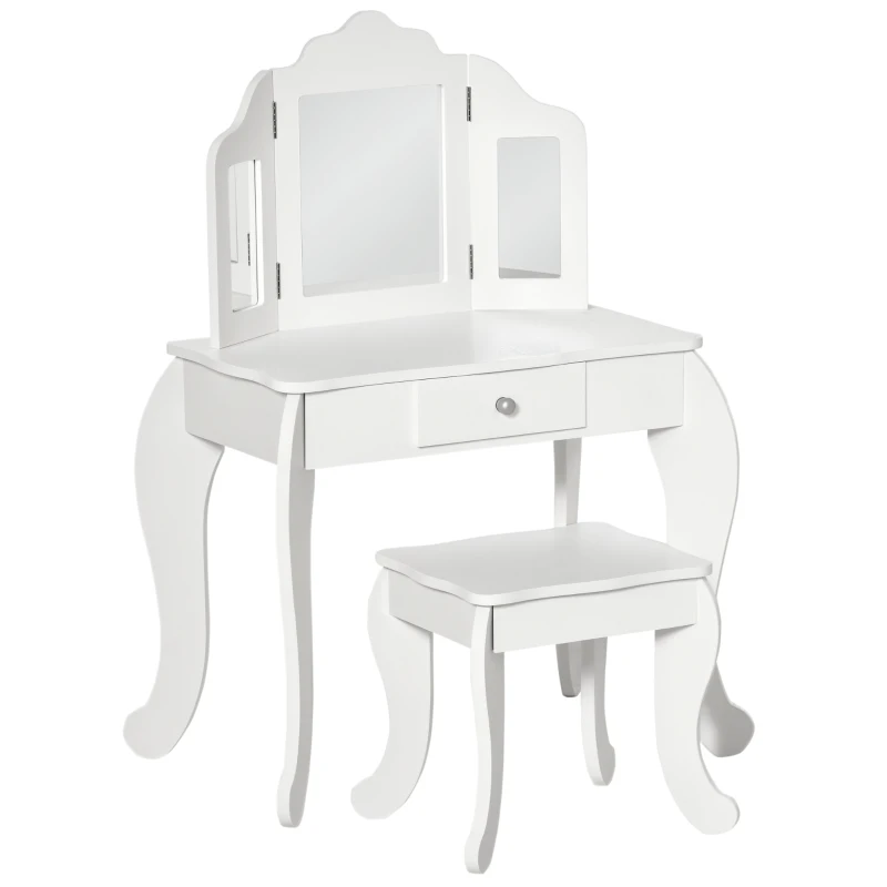 HOMCOM Tocador Infantil con Taburete, Espejo tríptico y cajón deslizante - Tocador dim, 63x40x85,5 cm - Blanco Acrílico