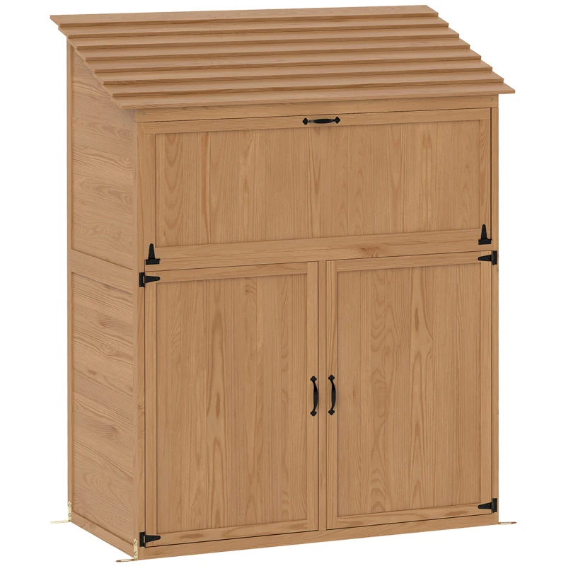 Outsunny Armario de Almacenamiento de Jardín con Mesa Abatible, Armario de Herramientas con Techo, 110 x 54 x 136 cm, Madera de Pino, Marrón