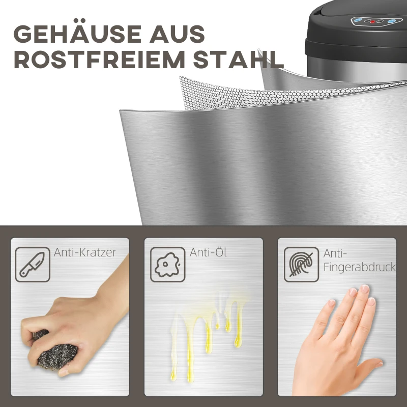 HOMCOM 50 Liter Sensor-Prullenbak met Soft-Close-Functie, contactloze Vuilnisbak van Roestvrij Staal voor hygiënische Keukens, Kantoren, Zilverkleurig