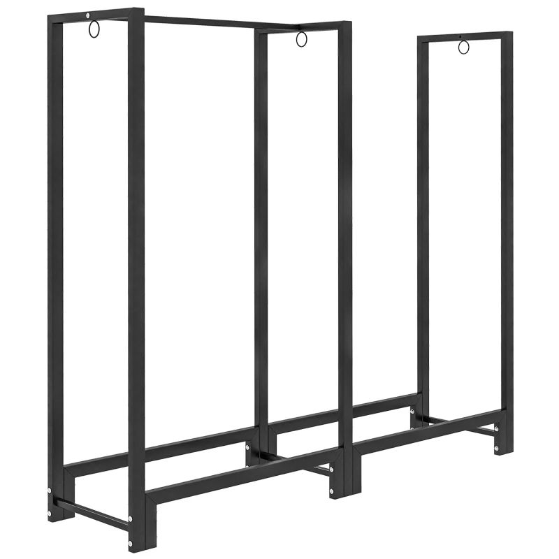 Outsunny Soporte de leña con dos compartimentos, 3 ganchos, base elevada, 123x32x115 cm, acero, negro