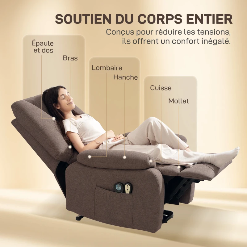 HOMCOM Sillón reclinable eléctrico elevador con reposapiés y control remoto, tela de poliéster con aspecto lino Marrón