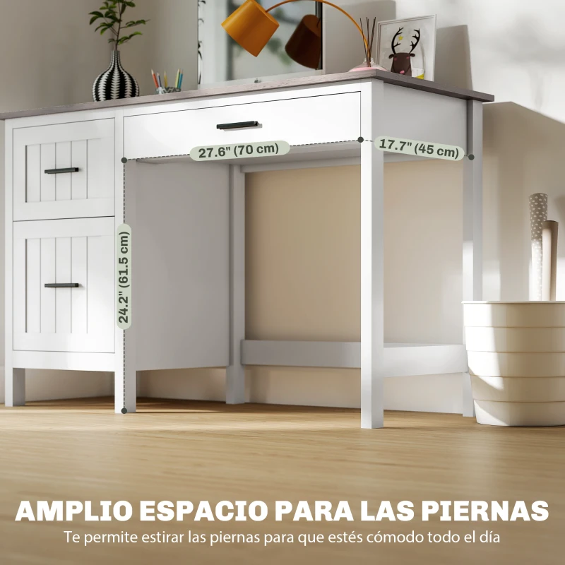 HOMCOM Escritorio Rústico 120x50 cm Mesa de Escritorio con 3 Cajones y Encimera con Efecto Madera Blanco