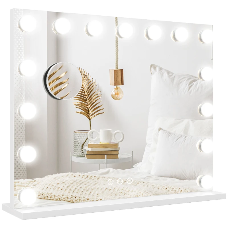 HOMCOM Espejo de Maquillaje LED, 3 modos de luz, regulable, control táctil, USB, 58x48 cm, Blanco