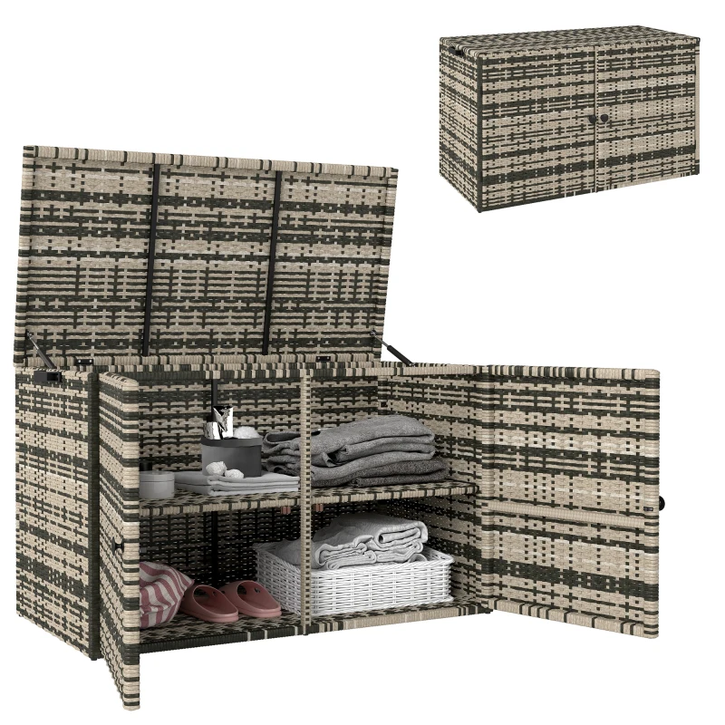 Outsunny Caja de Jardín de Resina Trenzada Caja de Almacenamiento Exterior 350 L a 2 Niveles Resorte de Gas 118x57x69 cm Gris Mezclado