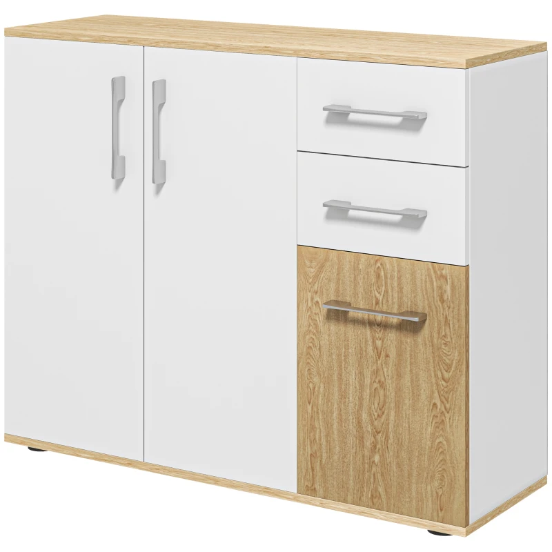 HOMCOM Buffet, meuble de rangement avec 3 portes, 2 tiroirs et étagère réglable, 90 x 30 x 75,5 cm, blanc et bois naturel