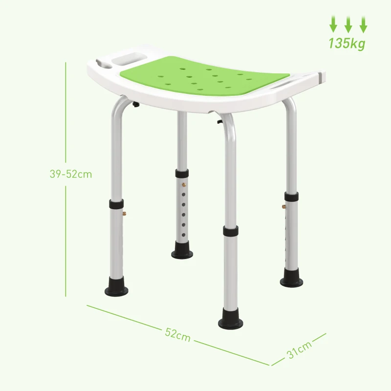 HOMCOM Asiento de Ducha Ajustable en Altura Taburete de Ducha Ergonómico Pies antideslizantes Carga Máx, 135 kg aluminio HDPE Verde