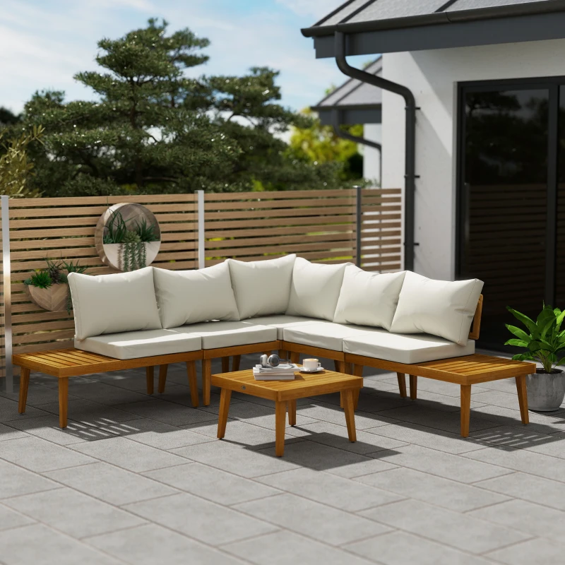 Outsunny Conjunto de jardín exterior de 5 plazas modular en madera de acacia, sofá de esquina exterior con mesa de centro y cojines