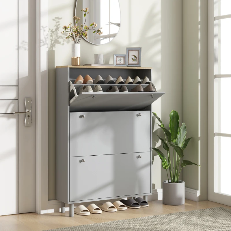 HOMCOM Mueble para zapatos 24 pares con 3 cajones abatibles y estantes ajustables, 80x23,5x121 cm, Gris